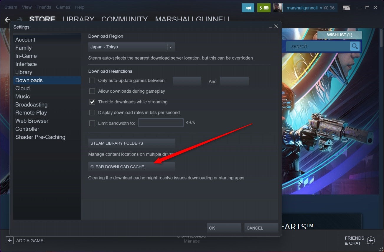 The Clear Download Cache option in Steam.