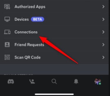 The Connections option on Discord for Mobile.