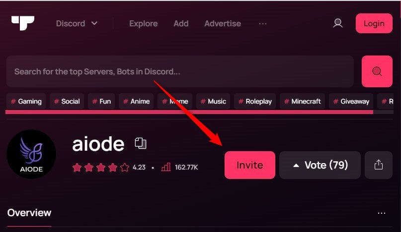 The Invite button on Aiode.