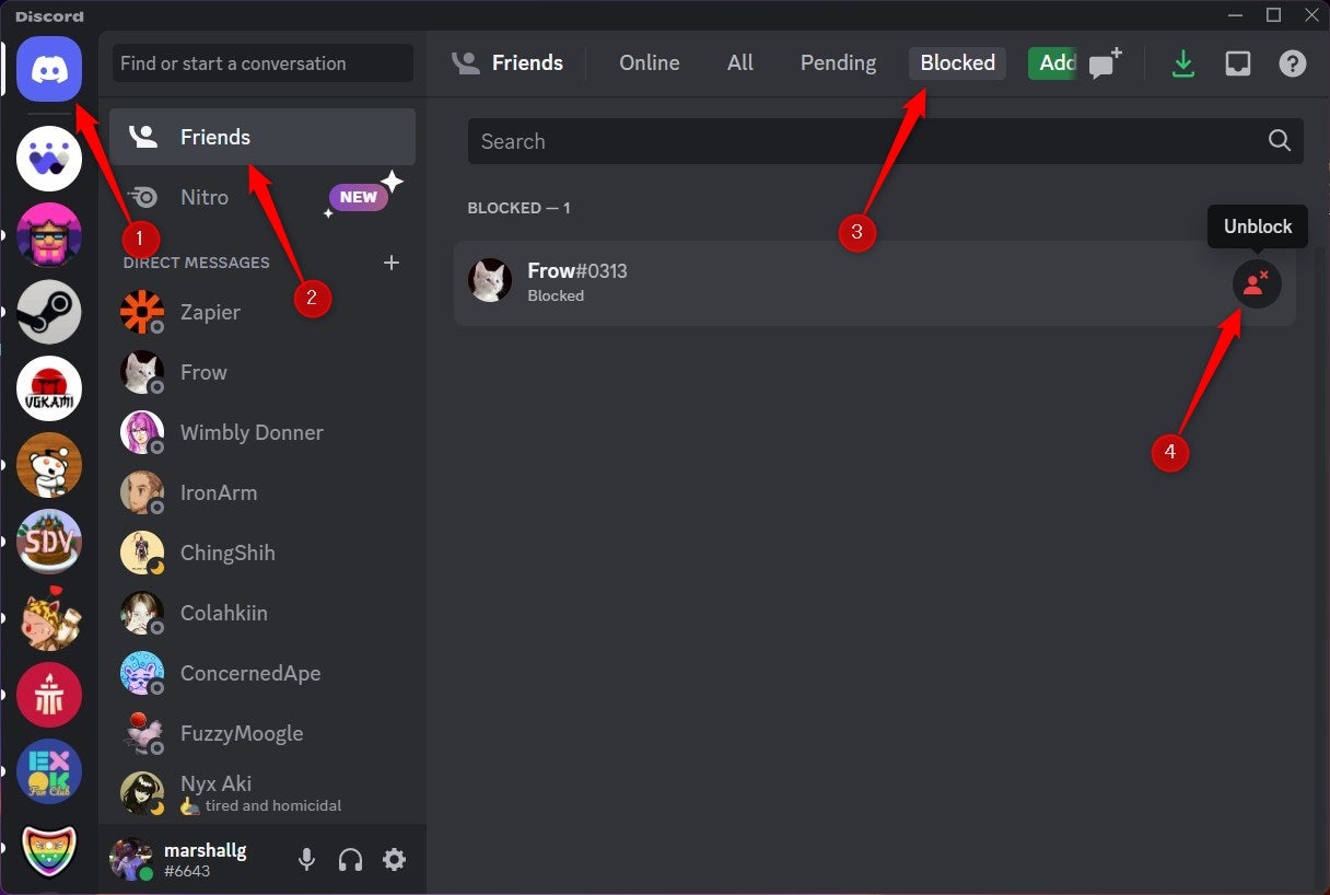 The steps for unblocking someone on Discord for desktop.