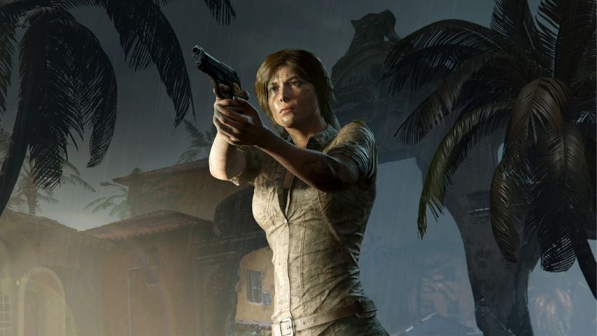 Lara Croft aiming one of her pistols in Shadow of the Tomb Raider