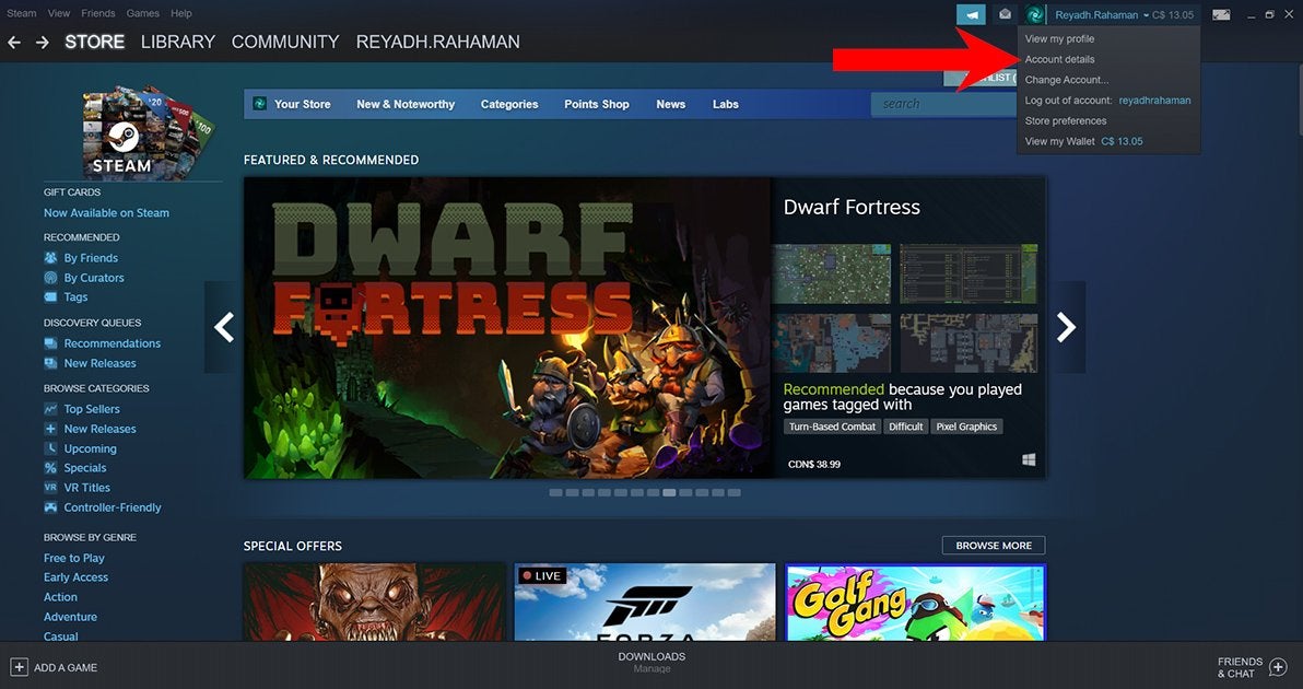 An option called "Account Details" under the username on Steam's homepage.