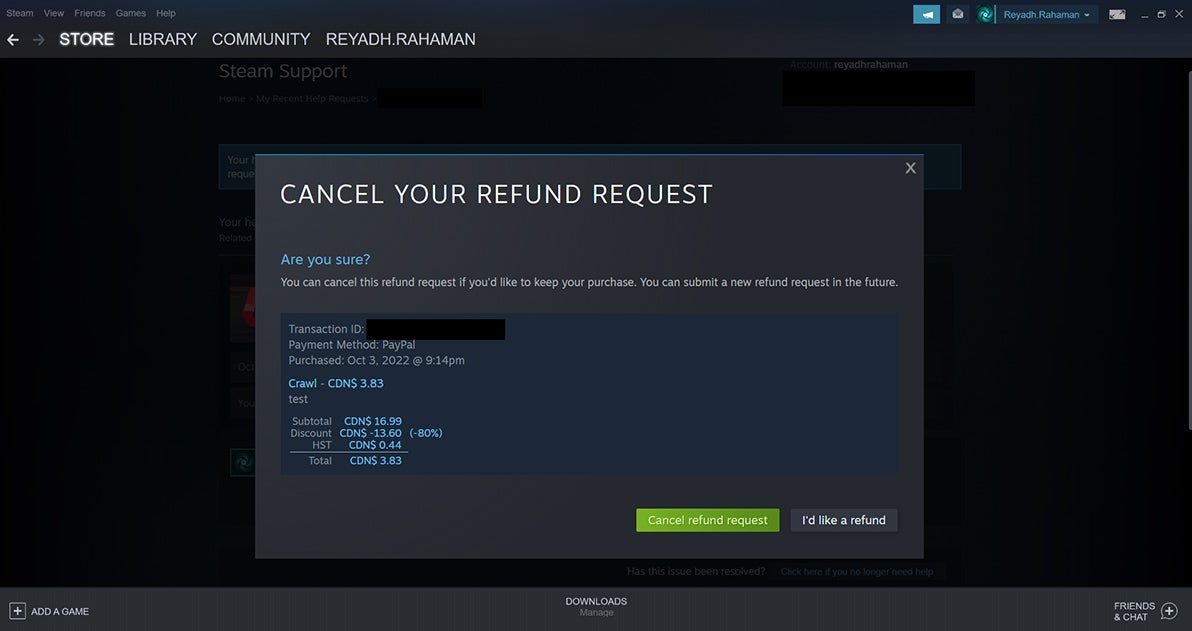 Confirmation page to cancel a refund request.