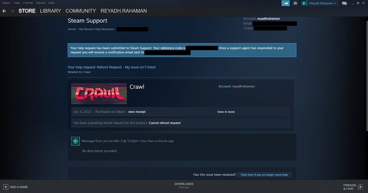 Message confirming the refund request has been sent on the Steam Support page.