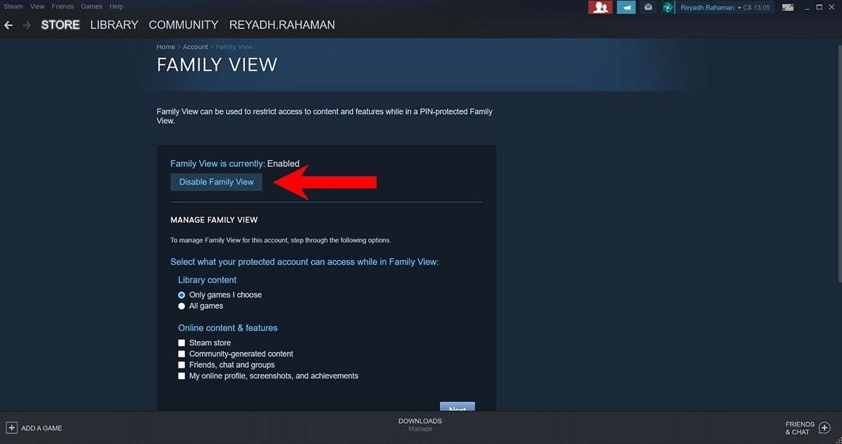 A red arrow pointing to the option that lets you disable Family View on Steam.