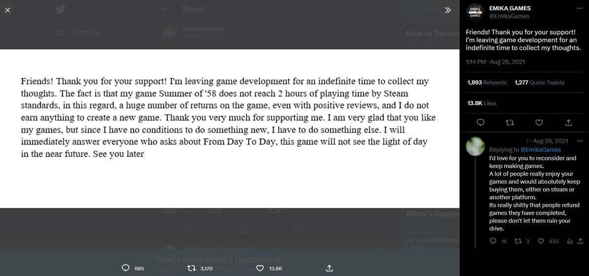 Emika Games developer tweeting about potentially leaving game development because of Steam refund abuse.