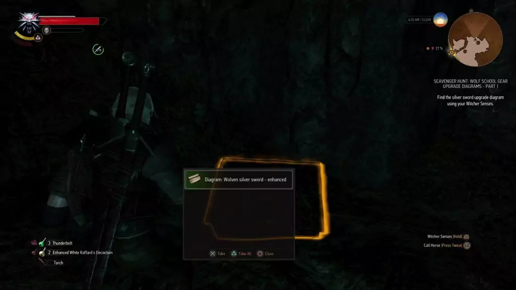 Picking up the Enhanced Wolven Silver Sword from a chest.