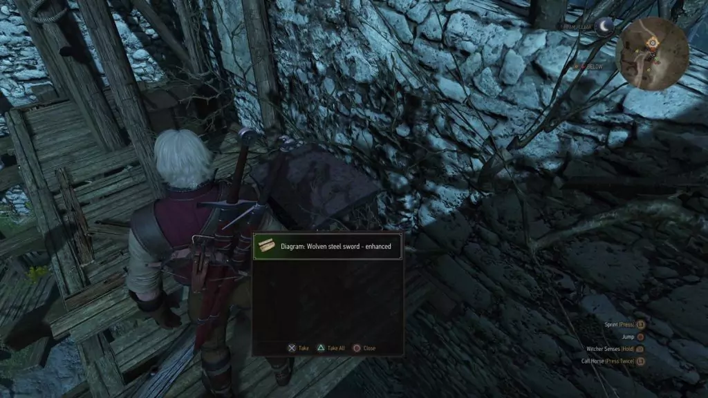 Picking up the Enhanced Wolven Steel Sword from a chest.
