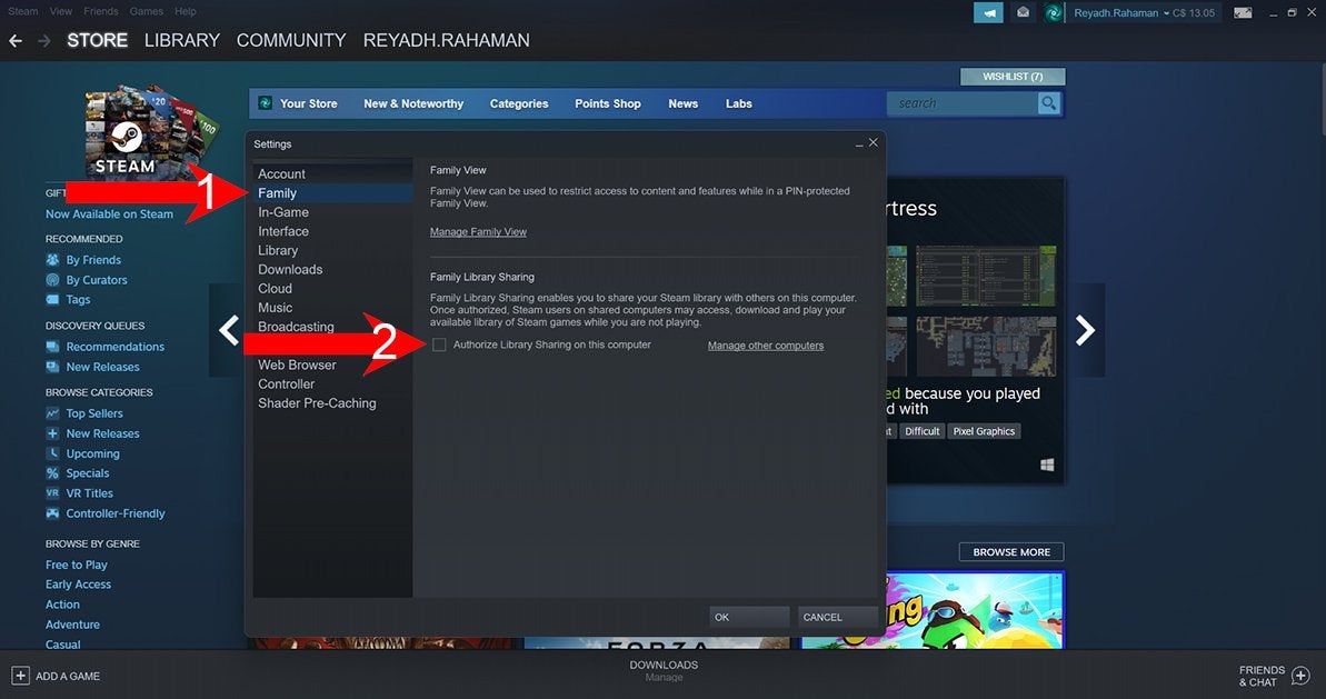 Numbered red arrows pointing to the "Family" section of Steam's pop-up settings menu and to the empty box next to "Authorize Library Sharing on this computer".