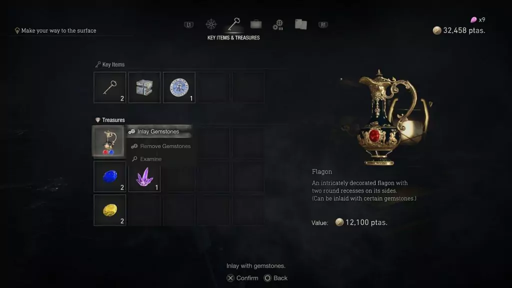 Inlaying gemstones into a treasure in Resident Evil 4.