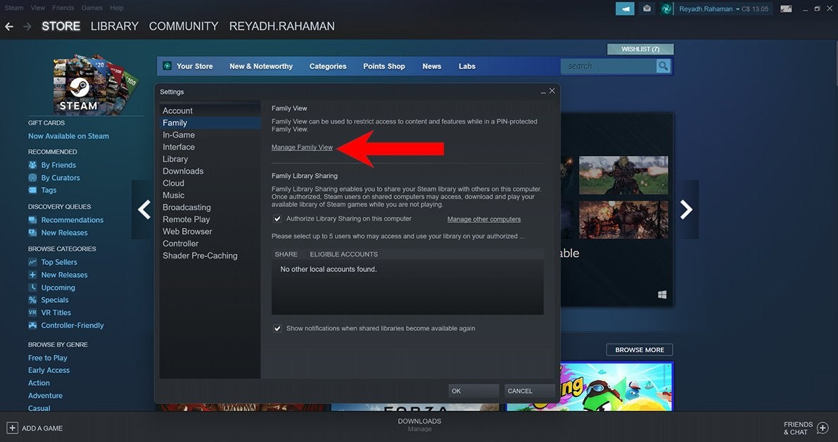 A red arrow pointing to some clickable text that says "Manage Family View" in the Steam Settings menu.