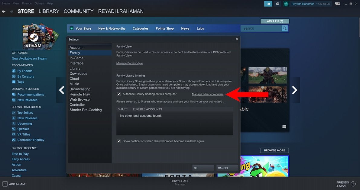 A red arrow pointing to the "Manage other computers" option in Steam's pop-up Settings menu.