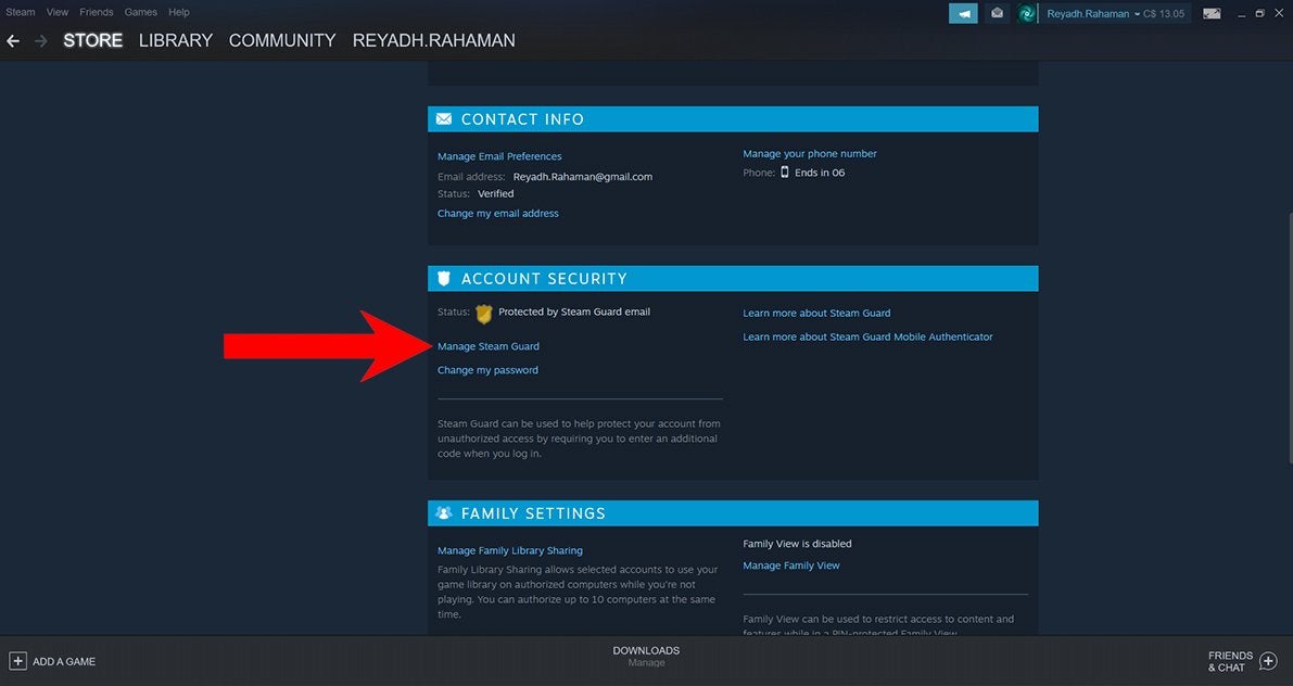 A red arrow pointing to the "Manage Steam Guard" option under the "Account Security" heading on a user's Account Details page.