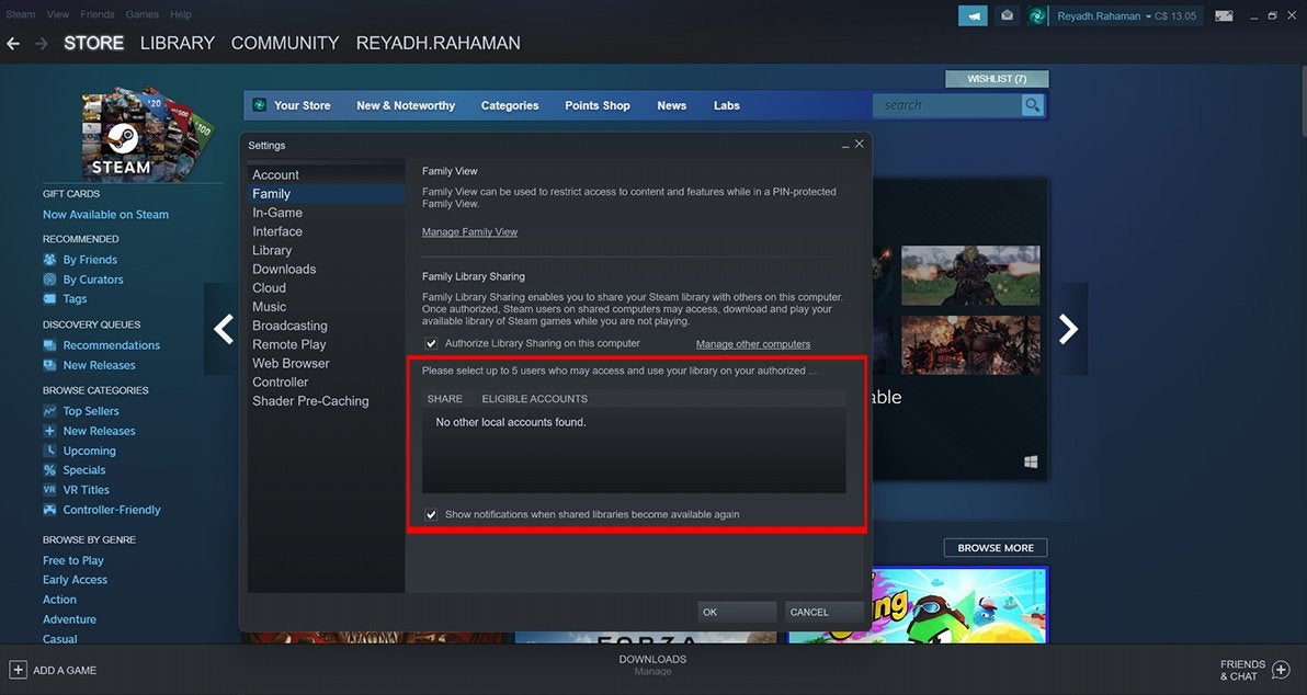 A red outline showing the new functions that appear after you check the "Authorize Library Sharing on this computer" option in Steam's Family sub-menu.