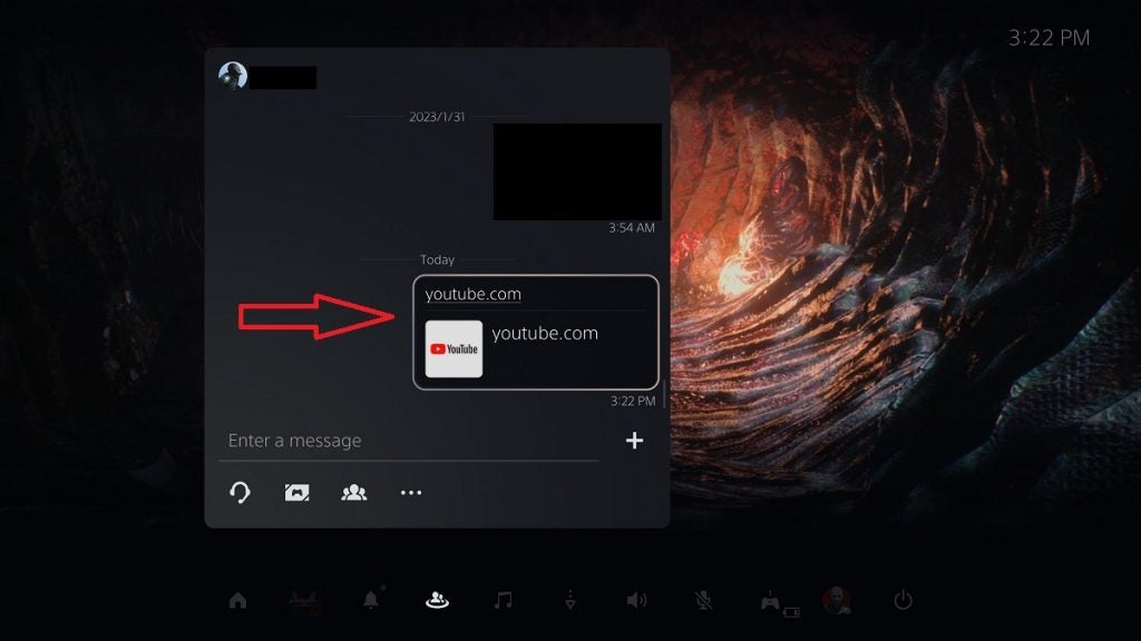 Typing "youtube.com" on the chat box from the Game Bar on the PS5.