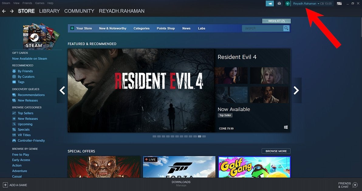 A red arrow pointing to a username on Steam's homepage.