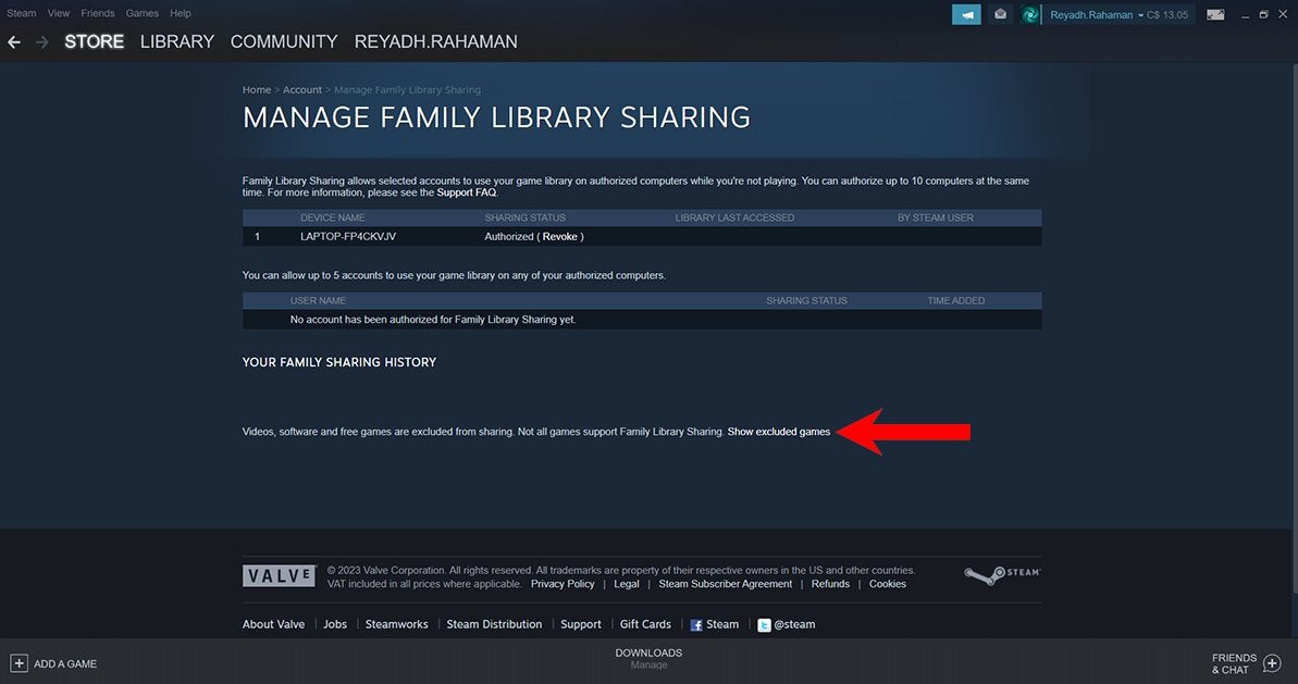 A red arrow pointing to the option that shows games that cannot be shared on the MANAGE FAMILY LIBRARY SHARING page on Steam.