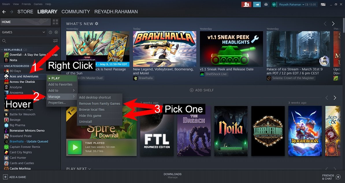 Numbered red arrows showing how to remove and hide games from your Steam library while in Family View.