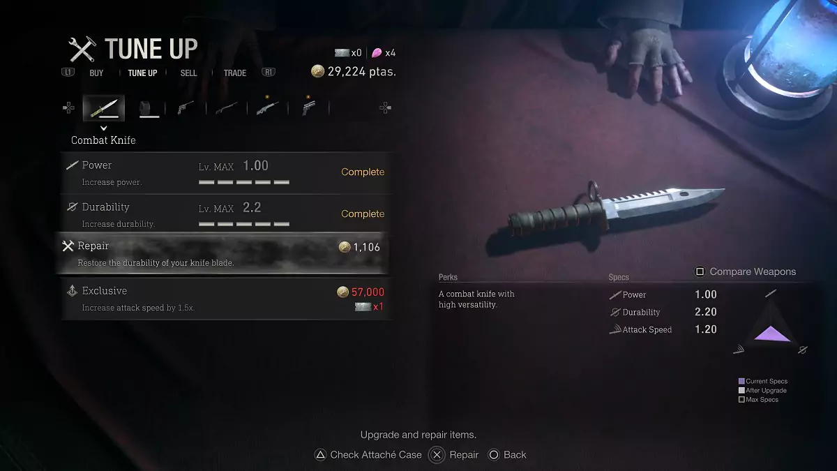 Repairing the knife in Resident Evil 4.