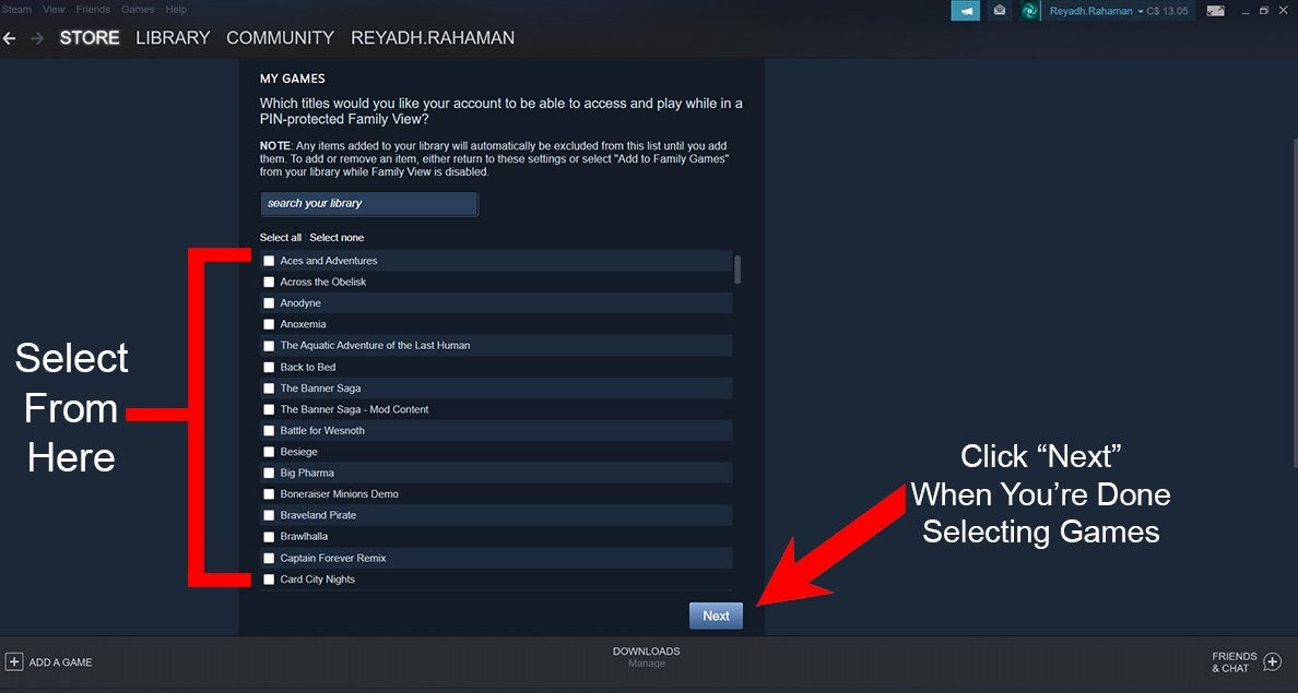 Red markings and text pointing out a user's game list and the Next button in a Family View menu on Steam.