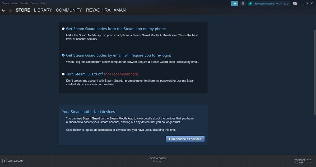 Steam Guard menu showing all options for managing a user's Steam Guard.