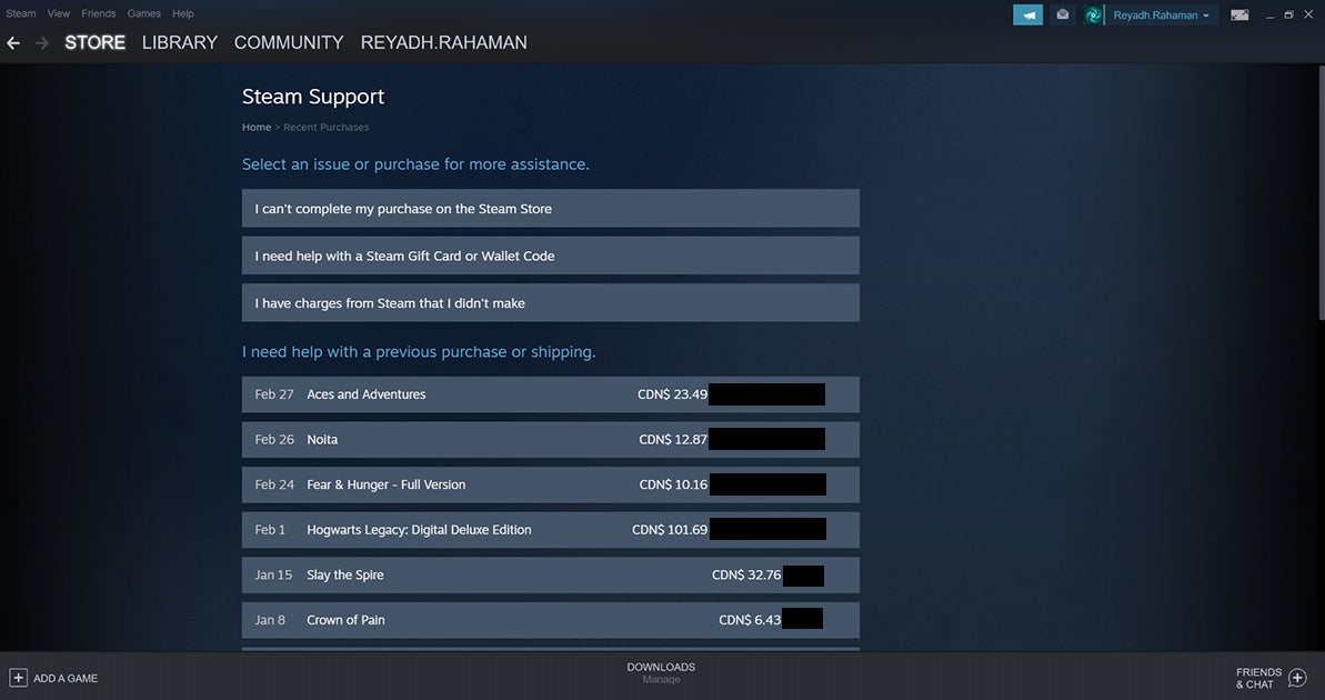 Recent purchases shown on the Steam Support page.