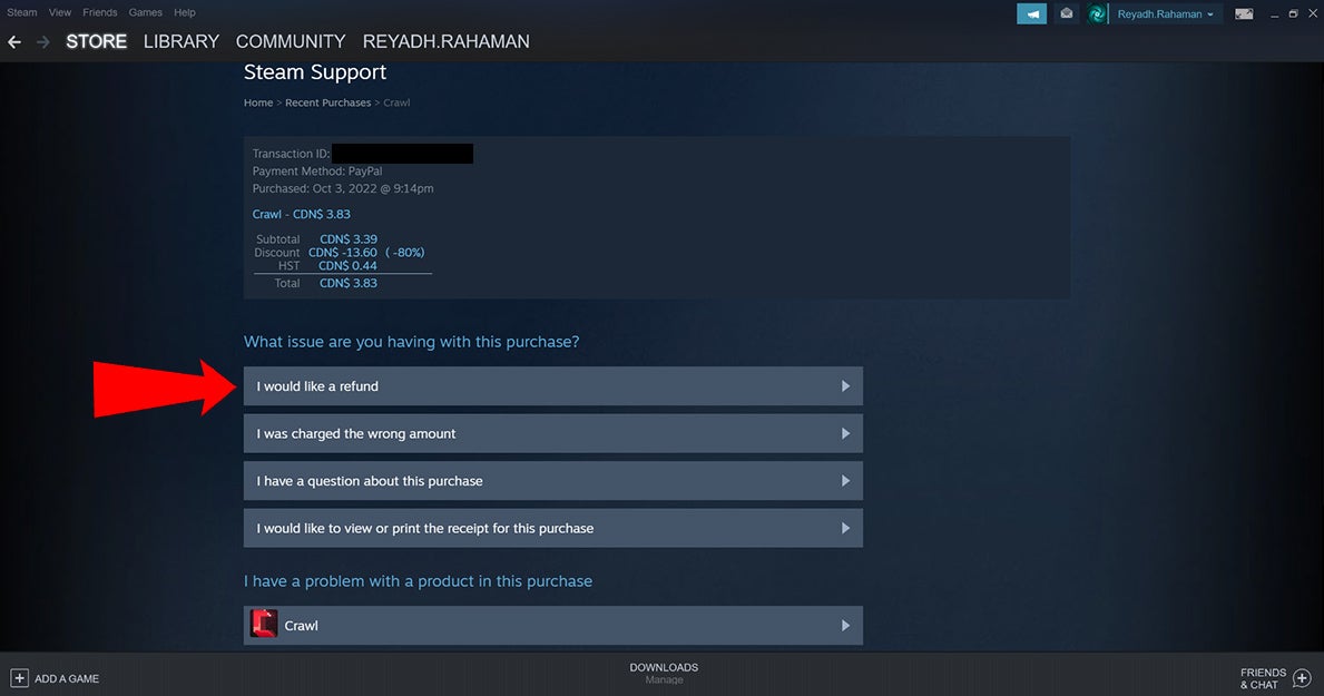 Red arrow pointing to the option that lets you refund a game on the Steam Support page.