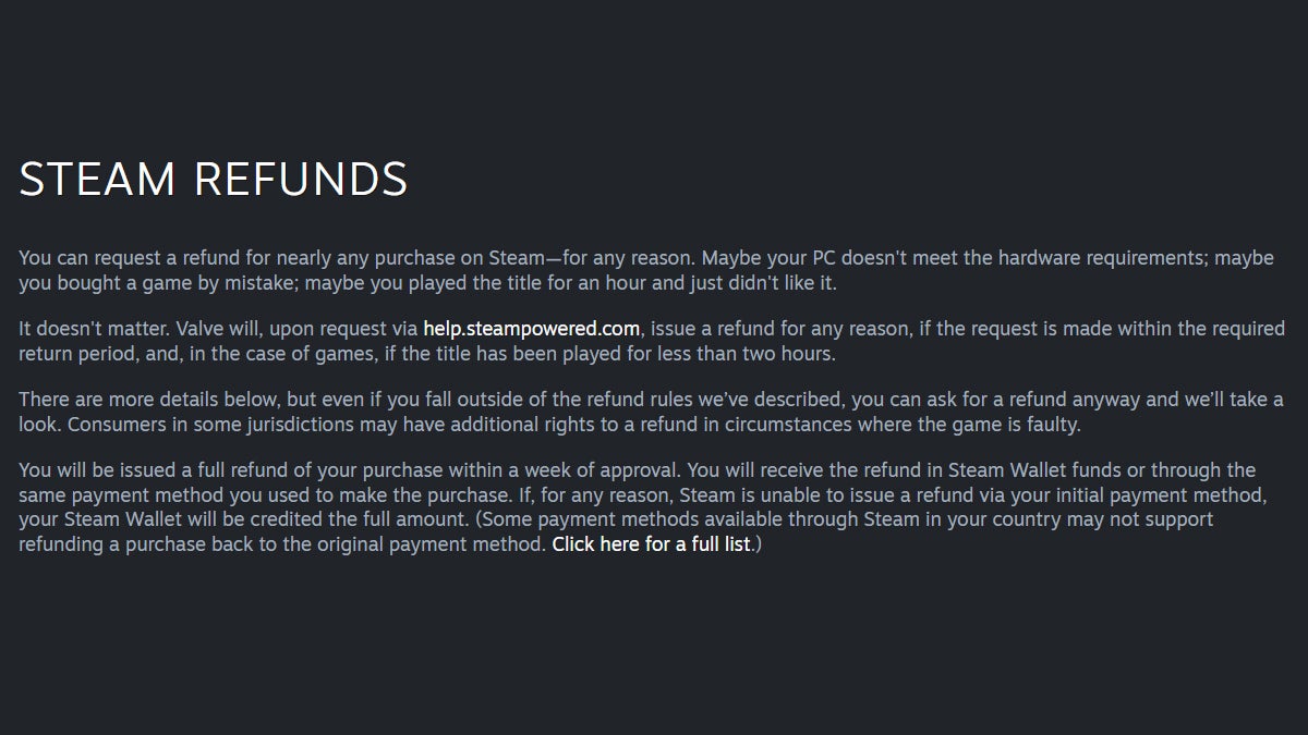 Text explaining Steam's refund policy on the official web page.