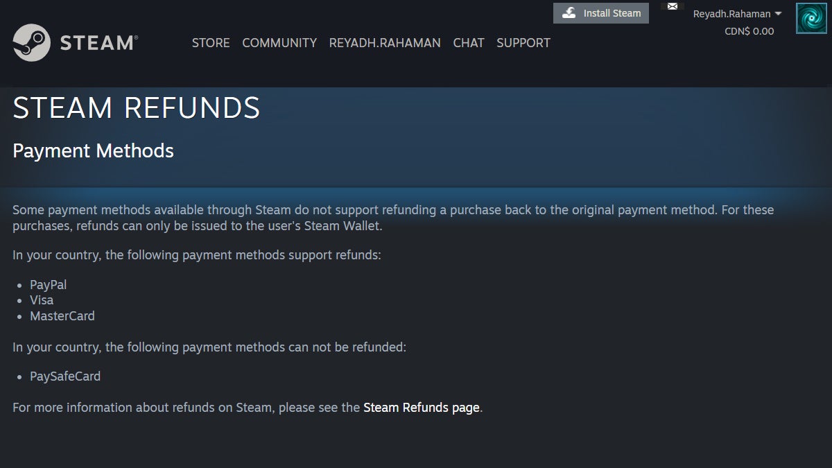 The refundable and non-refundable payment methods for Steam in Canada.