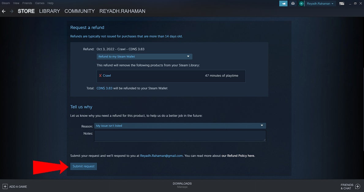 Steam Support asking for a reason for a refund.