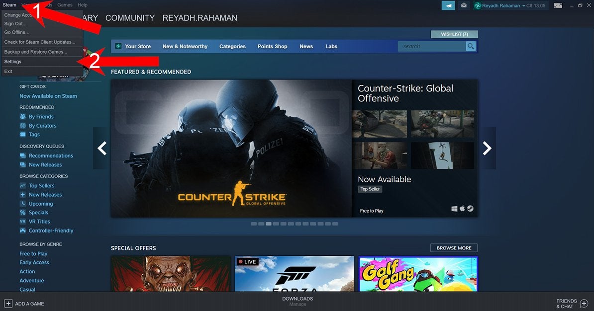 Numbered red arrows pointing to the "Steam" button on Steam's top menu and to the "Settings" part of the dropdown menu.