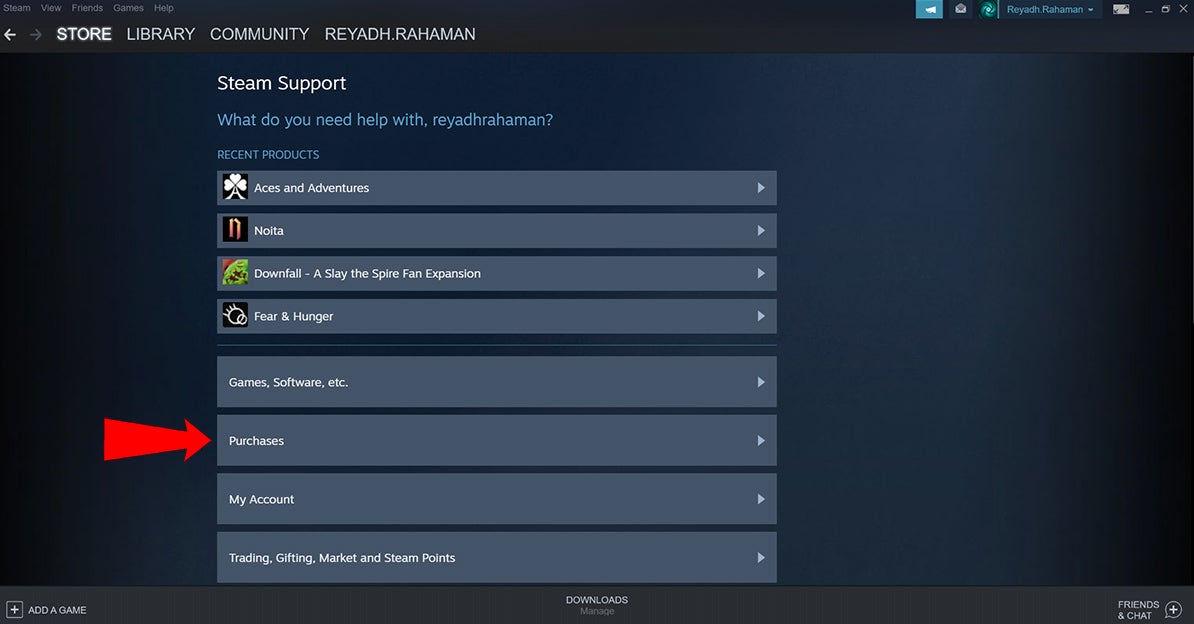 Red arrow pointing to the "Purchases" part of the Steam support page.