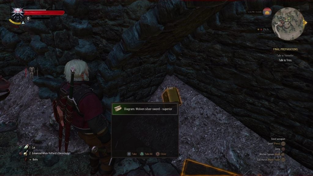 Looting the Superior Wolven Silver Sword in Witcher 3.