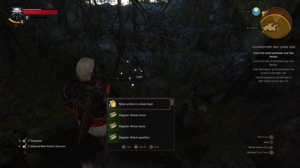 Looting a skeleton in Witcher 3 for the Wolven Armor set diagram.