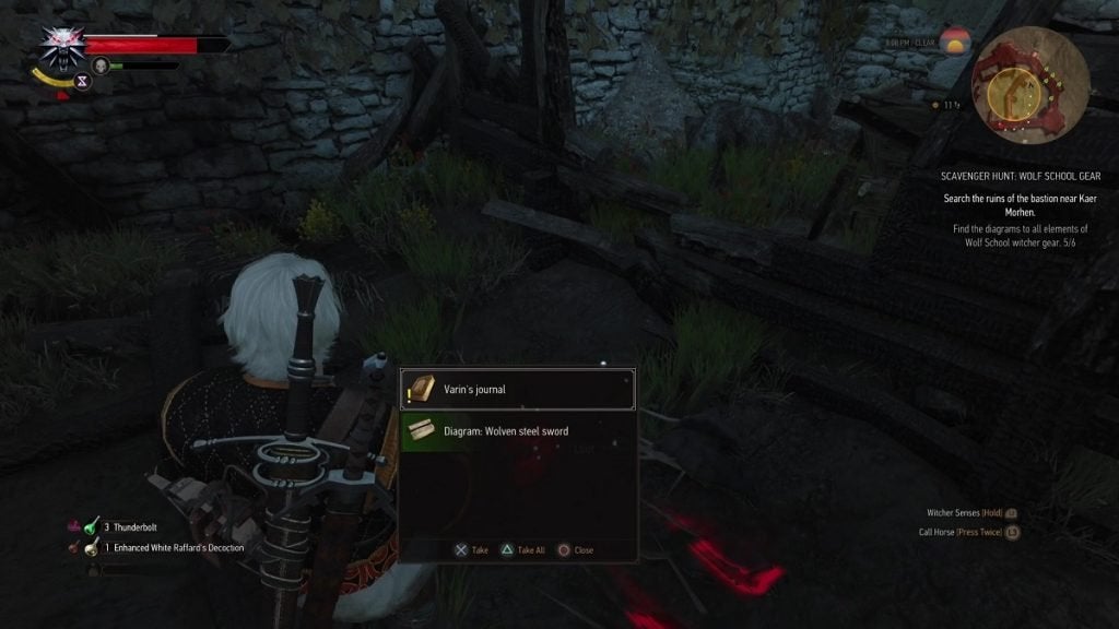 Looting the skeleton for the Wolven Steel Sword diagram in Witcher 3.