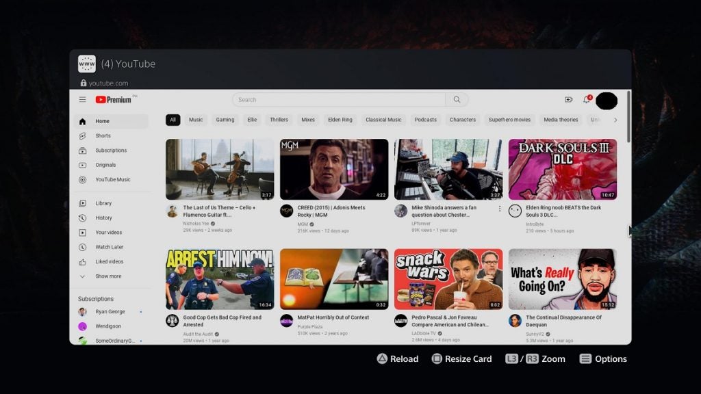 Opening a browser card for YouTube on the PS5.