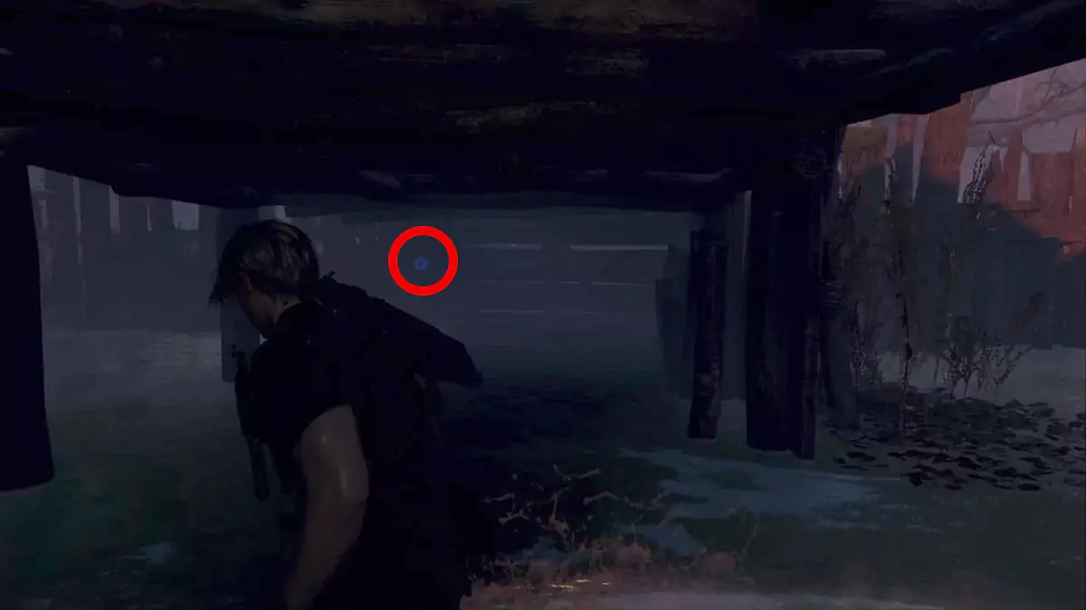 Leon crouching under a wooden dock in the Fish Farm, facing a blue medallion.