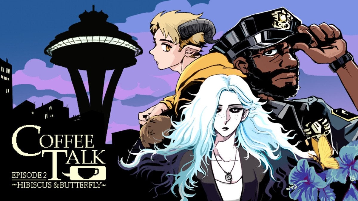 The promo image for Coffee Talk Episode 2: Hibiscus & Butterfly showing a silhouette of the Space Needle in Seattle and some new characters.