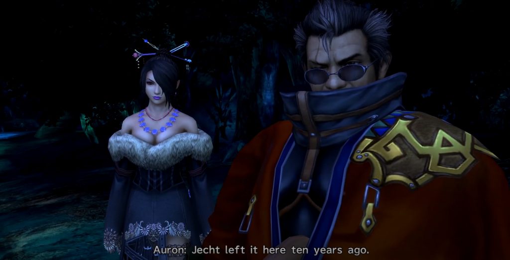 Auron and Lulu discussing the first Jecht Sphere in Final Fantasy X.
