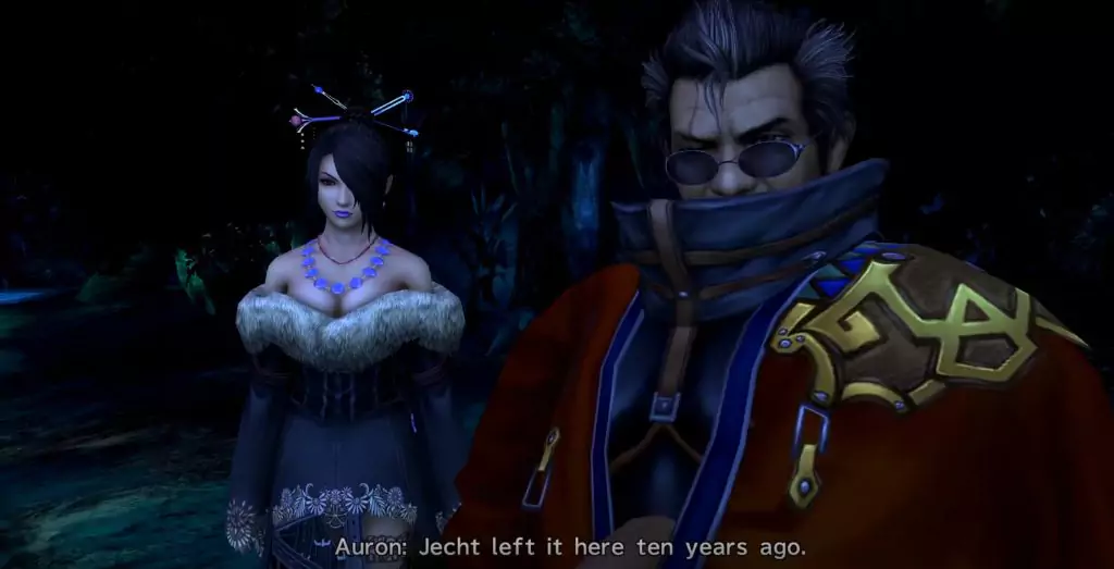 Auron and Lulu discussing the first Jecht Sphere in Final Fantasy X.