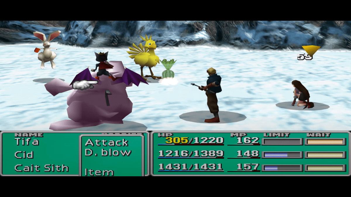 The party in Final Fantasy VII encountering a Chocobo in the wild.