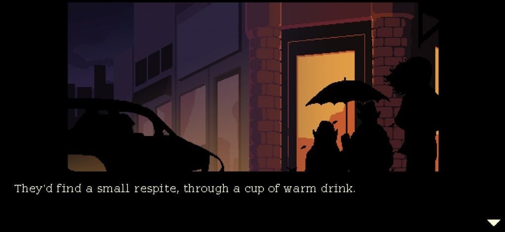 The opening of Coffee Talk Episode 2 showing the silhouette of two patrons to the coffee shop.