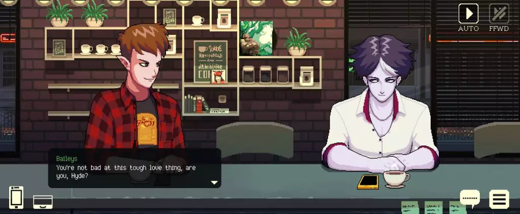 Hyde and Baileys having a chat in Coffee Talk Episode 2.