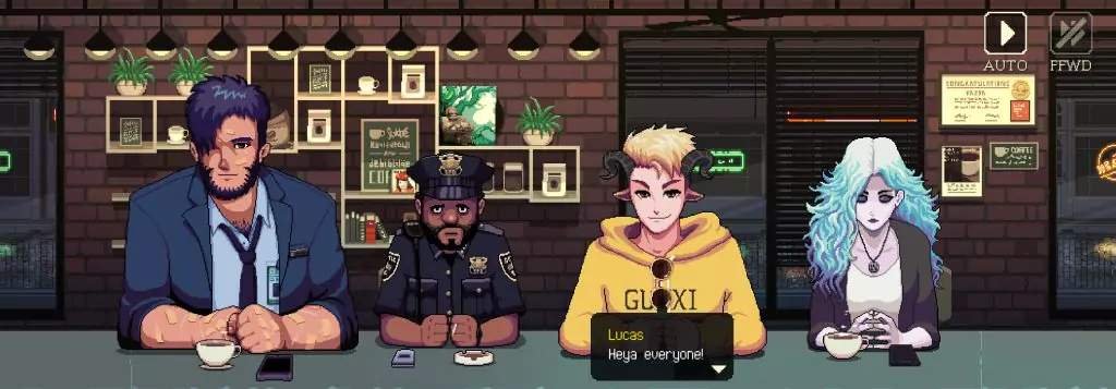 Luca, Jorji, Lucas, and Riona at the cafe counter in Coffee Talk Episode 2.
