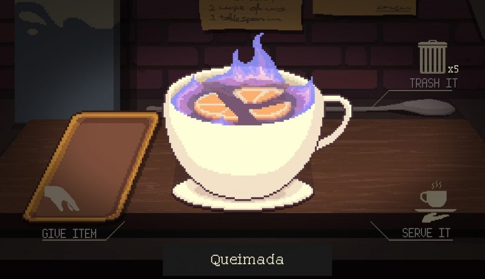 A Quiemada, a flaming drink that can be made in Coffee Talk Episode 2.
