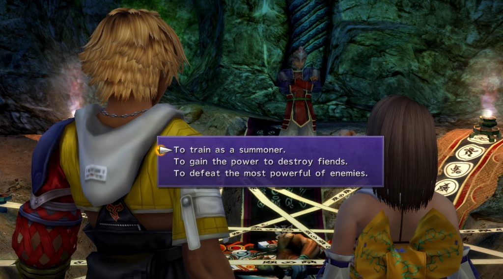 Yojimbo asking Tidas and Yuna an important question in Final Fantasy X.