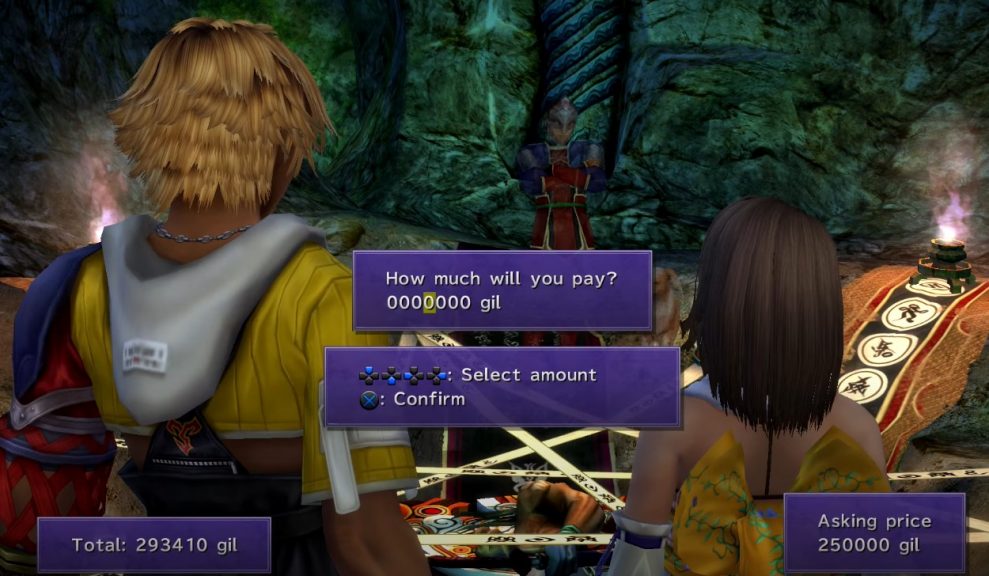 Yuna and Tidus making an offering to hire Yojimbo in Final Fantasy X.