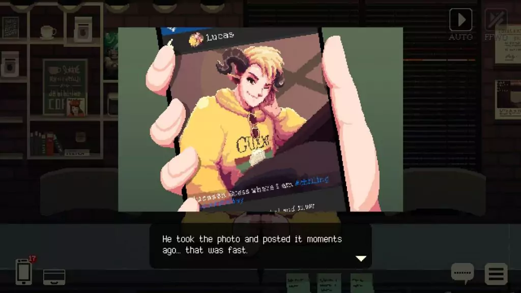 A status update posted to social media by Lucas in Coffee Talk Episode 2.