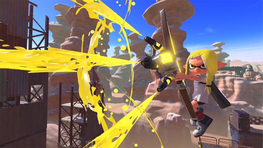 A character using a Tri-Stringer weapon to spray yellow ink in Splatoon 3