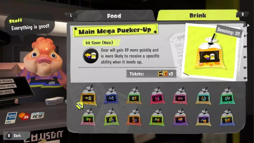 The drinks menu at the Crab-N-Go in Splatoon 3